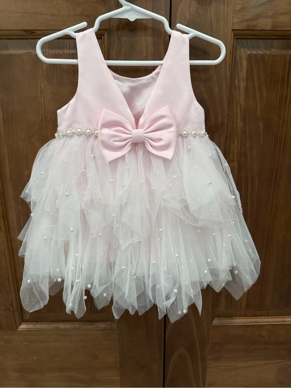 American Princess Toddler Pink & White Tulle Pearl Bow Formal Dress, 18 Months